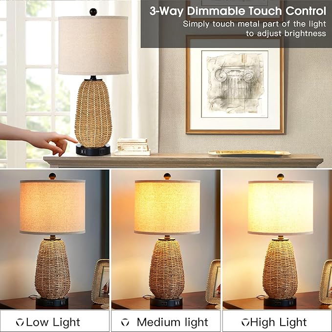 Touch Control Rattan Table Lamp, 3 Way Dimmable Bedside Lamp for Bedroom with 2 USB Ports and AC Outlet, Nightstand Lamps for Living Room(LED Bulbs Included), Grass-1PK