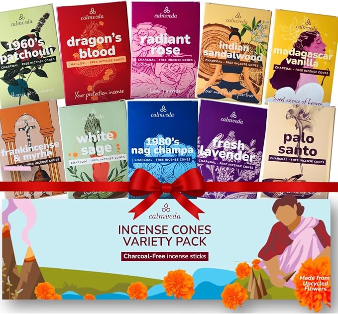 Organic Incense Cones Scented - (120 Cone Incenses, 10 Variants) Clean No Charcoal Incense, Made from Upcycled Flowers | Palo Santo, Frankincense, Nag Champa Cones, etc. (with Holder)