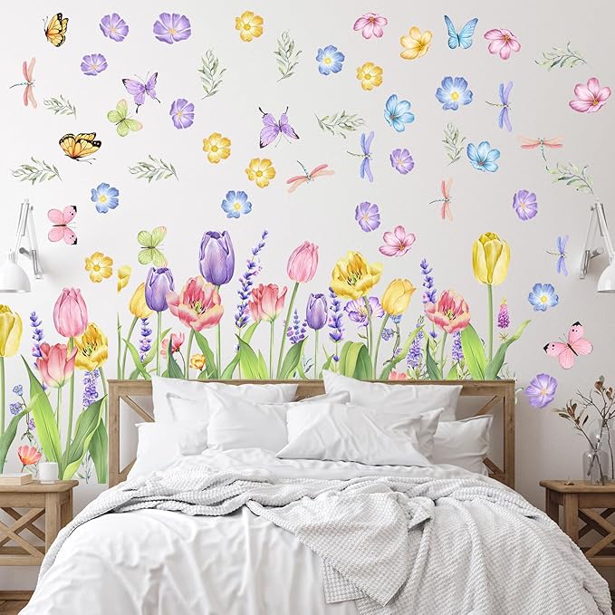 Eersida 6 Sheets Spring Wall Stickers Flower Decals Lavender Tulip Butterfly Spring Flower Wall Clings Art Garden Decorations for Living Room Bedroom Home