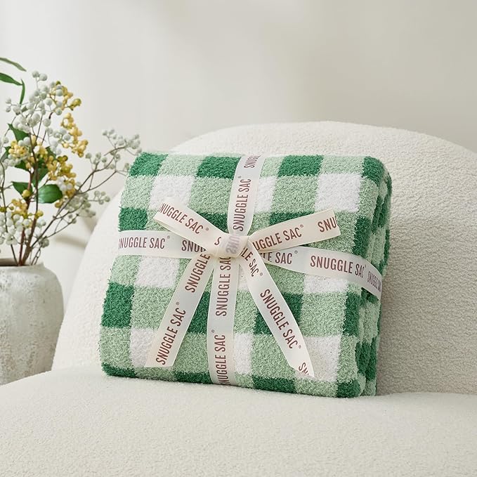 Snuggle Sac Buffalo Plaid Bedding Blanket Twin Size, Super Soft, Cozy Warm Knit Decorative Blankets, Reversible Plaid Fluffy Throws for Bed, Plaid Green, 60x80 Inches