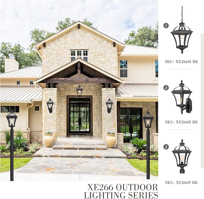Emliviar 23 Inch Modern Exterior Light Fixture, Large Vintage Outdoor Porch Light for House, Die-Cast Aluminum with Seeded Glass, Black Finish, XE266B BK