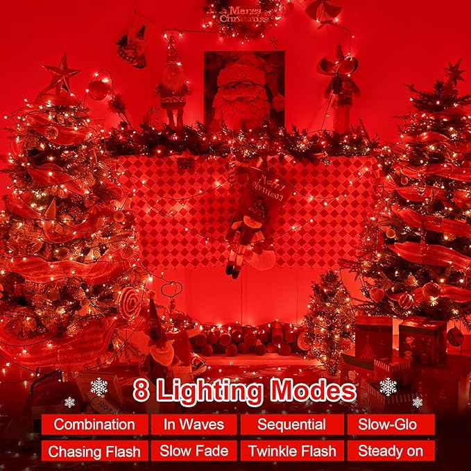 QITONG 165ft 500 LED Red Christmas Lights, Christmas String Lights Outdoor Waterproof Plug in, Green Wire Twinkle Light Indoor with 8 Modes