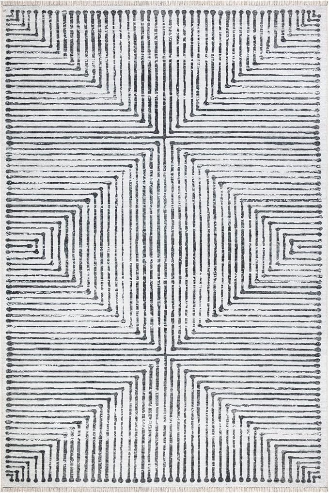 Bloom Rugs Caria Washable Non-Slip 4x6 Rug - Ivory/Black Striped Area Rug for Living Room, Bedroom, Dining Room, and Kitchen - Exact Size: 4' x 6'