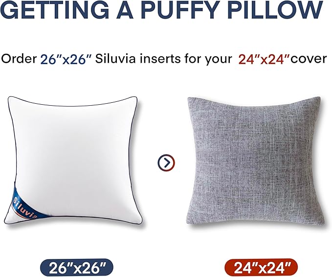 Siluvia Euro Pillows 26x26 Pillow Inserts Set of 2 Square Throw 26 Pillow with 100% Cotton Cover for Sofa, Couch, and Bed - White