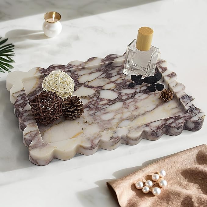 Genuine Calacatta Viola Scalloped Marble Tray, Real Natural Marble Stone Tray, Luxury Decorative Trays for Bathroom, Dresser, Vanity, Kitchen, Home Decor, 10.6" x 8", Calacatta Viola Purple