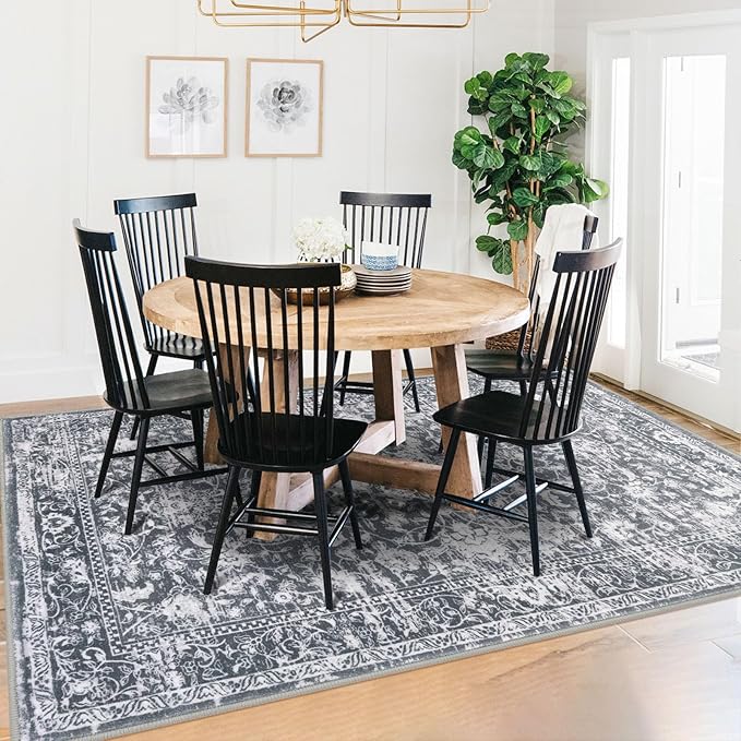 KILOCOCO Area Rug 5x7 Living Room Rug Washable Printed Vintage Floral Non Slip Soft Rubber Backed Indoor Bedroom Rugs for Laundry Room Kitchen Playroom Moroccan Area Rugs, Grey