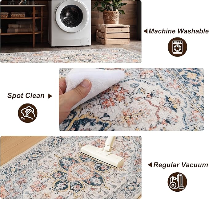 XWZO Washable Hallway Runner Rug 2x8ft — Non-Slip Low Pile Area Rug with Rubber Backing, Spill Resistant Soft Vintage Floor Carpet Runner for Kitchen Entryway Doorway Bedroom Corridor, Colorful