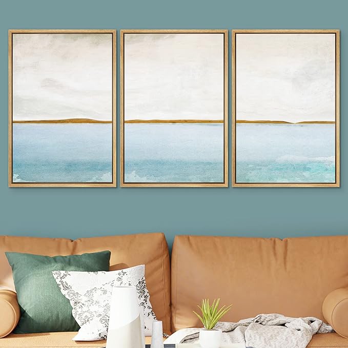 SIGNWIN Framed Canvas Print Wall Art Set Grunge Blue Watercolor Landscape Shapes Abstract Illustrations Modern Art Decorative Nordic Calm Colorful for Living Room, Bedroom, Office - 16"x24"x3 Natural