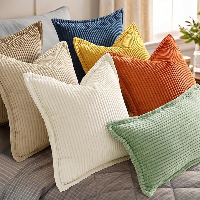 decorUhome Corduroy Navy Blue Throw Pillow Covers 16x16 Set of 2 Decorative Soft Boho Farmhouse Euro Couch Pillow Covers for Living Room Bed Sofa Broadside Striped Pillow Cases