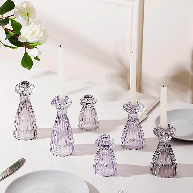 Lysenn Glass Candle Stick Holder Set of 6 – Premium Taper Candle Holders for Romantic Ambiance - Candle Sticks Holder Decor for Special Occasions - Smoke Gray