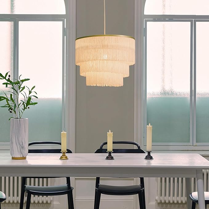 GLOBE Electric x Novogratz 61093 1-Light Pendant Light Fixture, Matte Gold, White Fabric Fringe Shade, Living Room Pendant Light, Dining Room Fixture, Hanging Lights for Bedroom, Hygge Lighting