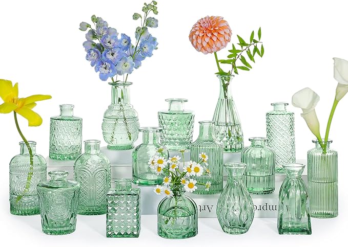 Glass Bud Vase Set, 16pcs Small Green Flower Vases for Table Centerpieces in Bulk, Mini Vintage Vase for Wedding, Home, Table Decoration