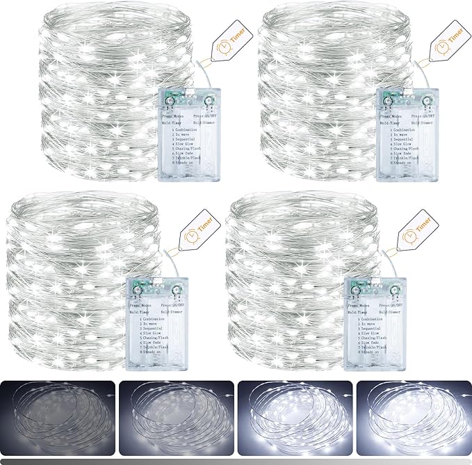 litogo 4 Pack Fairy Lights Battery Operated with Timer, 33FT 100LED Twinkle String Lights USB-C Powered 8 Modes Dimmable for Indoor Bedroom Centerpiece Wedding Classroom Dorm Christmas Decorations