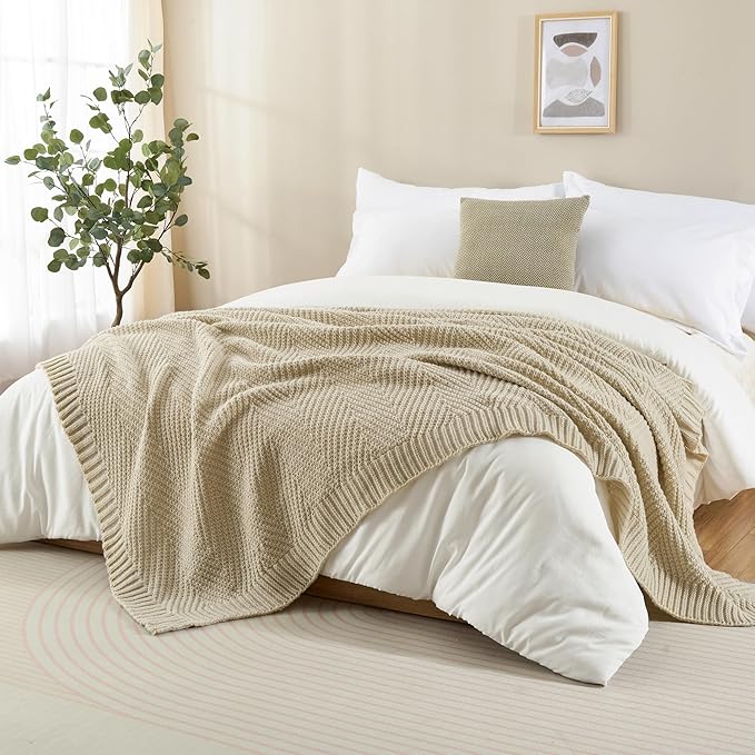 Knitted Throw Blanket 60"X80", Light Beige Knit Throws for Bed, Super Soft Boho Chevron Blankets for Couch Sofa Chair Room Decor, Textured Decorative Farmhouse Cozy Lightweight