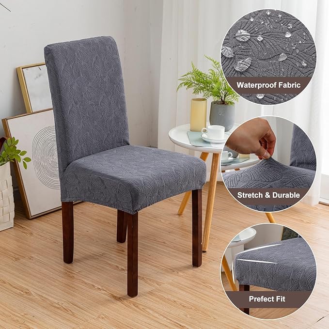 Genina 100% Waterproof Dining Room Chair Covers Set of 2 Stretch Kitchen Chair Covers Parsons Chair Slipcovers for Dining Room Chair Protector Cover, Removable, Washable (Leaf Pattern-Dark Gray)