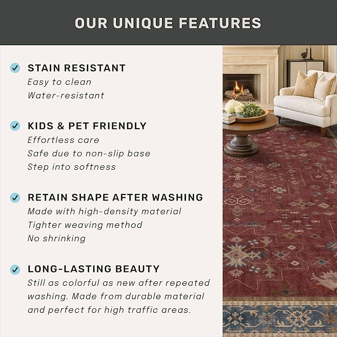 5x7 Boho Dark Red Rug for Living Room - Vintage Oriental Revival Low-Pile Carpet for Bedroom, Dining Table, Home Office, Machine Washable Area Rug Non-Slip with Rubber Back