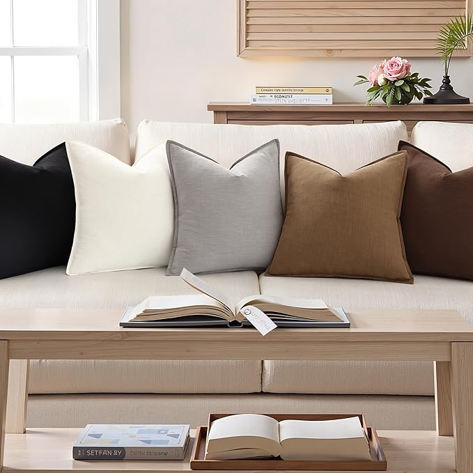 decorUhome Christmas Decorative Linen Throw Pillow Covers 22x22 Inch Set of 2 Light Grey Soft Pillow Covers with Flange Edges Soft Farmhouse Boho Accent Pillow Cases for Couch Sofa Bed Living Room