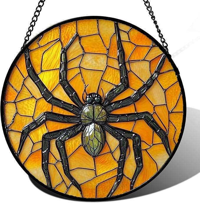 Stained Glass Window Hanging - Halloween Decorations Black Spider Suncatcher for Doors Garden Indoor Spooky Funny Sun Catchers Gothic Decor Horror Gifts for Women Men Friend 11.8 in