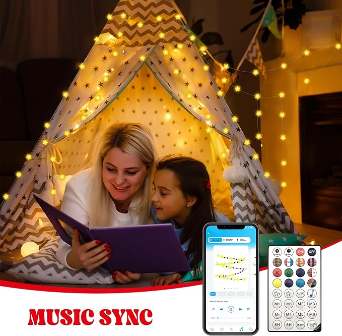 Smart Star Christmas Lights Indoor, 33 FT 80 LED USB Star Lights String, App & Remote Control, Timer Music Sync, Star String Lights for Bedroom