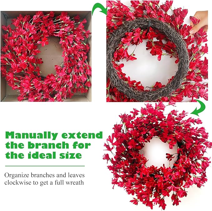 Spring Wreath for Front Door, 24 Inch Spring Red Forsythia Wreath Blossom Cluster Flower Farmhouse Wreath on Grapevine for Festival Celebration Front Door Wall Window Decoration Home Decor