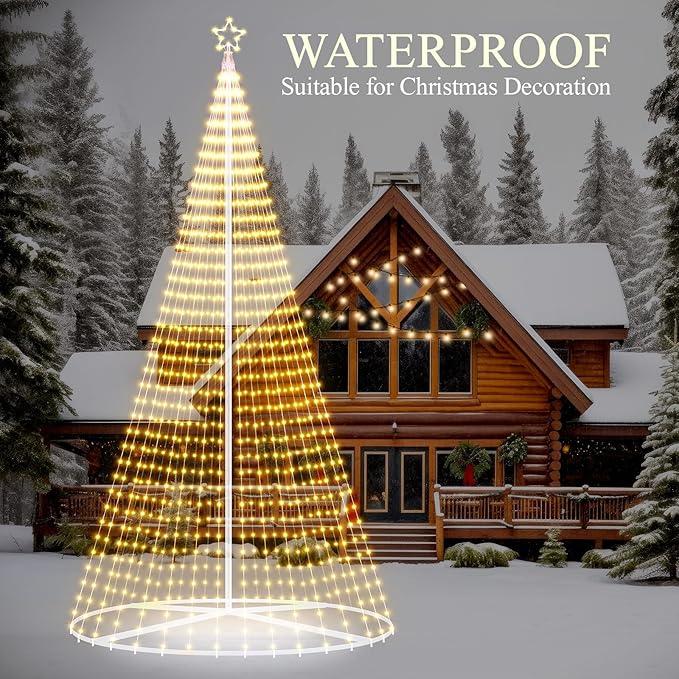 Riakrum 20ft-3199 LED Flagpole Christmas Tree Lights Outdoor Decorations with Star Topper, 8 Lighting Modes Pre-lit LED Flagpole Christmas Lights Multicolor, Outside Yard Holiday Display