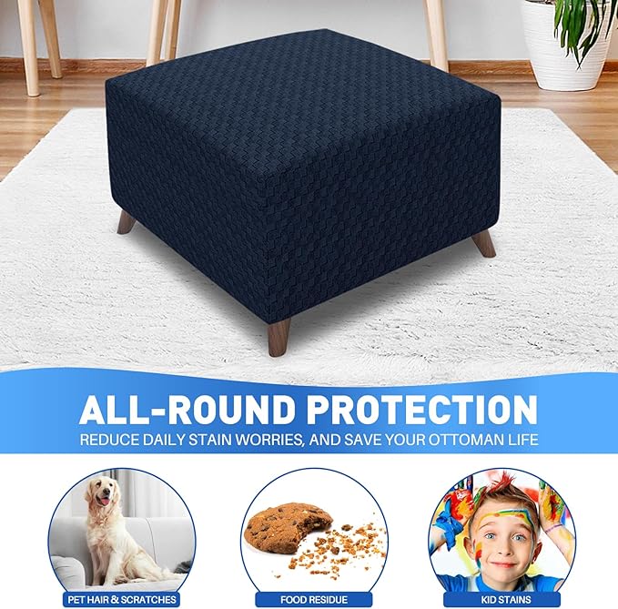 MAXIJIN Jacquard Ottoman Cover Slipcovers Folding Storage Stool Furniture Protector Cover Soft Thick Rectangle Foot Rest Slipcover with Elastic Bottom (Ottoman Large, Navy Blue)