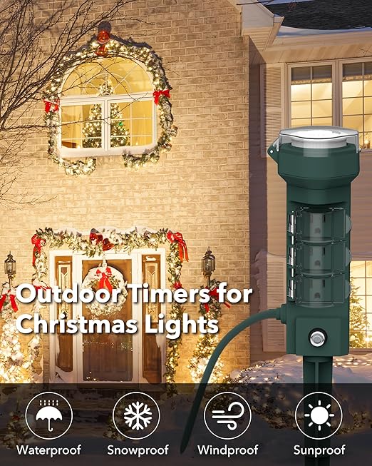 HBN 24 Hour Mechanical Outdoor Tmer for Lights Waterproof,6 Outlets Power Yard Stake for Halloween/Christmas Decorations,Outside Power Strip for Yard Garden,6 ft Extension Cord,1875W/15A