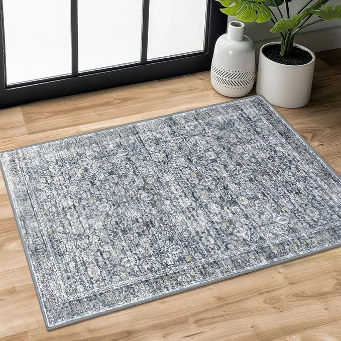 2x3 Washable Rug Soft Area Rug for Entryway, Grey Brown Non-Slip Indoor Door Mat Distressed Floral Low-Pile Kitchen Rugs, Neutral Vintage Carpet for Entrance Kitchen Bedside Farmhouse