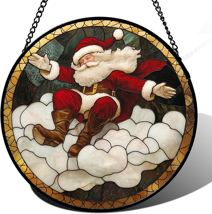Stained Glass Window Hanging - Red White Santa Claus Clouds Suncatcher for Doors Home Christmas Decoration Sun Catcher Thanksgiving New Year Birthday Gifts for Friend Women Men Mom Nana 9.8 in