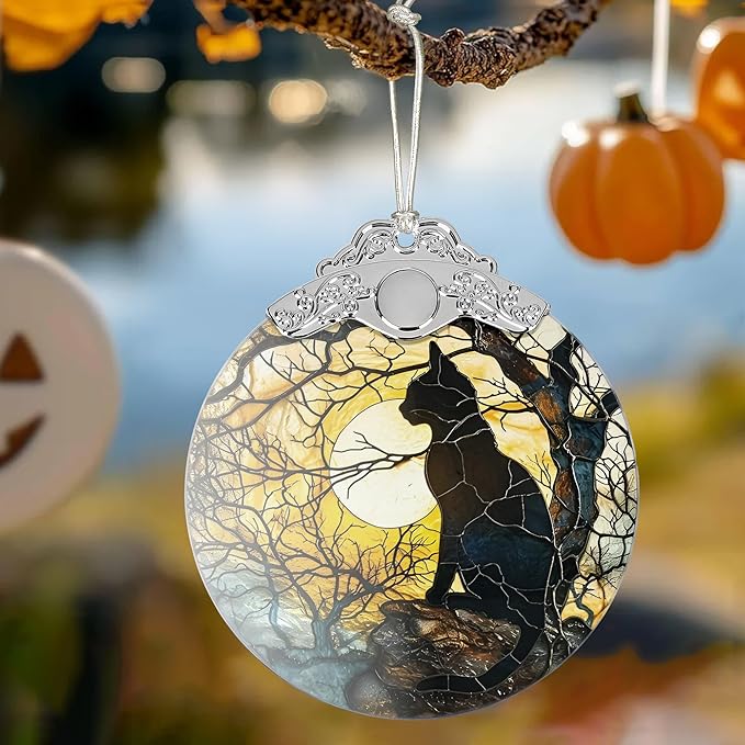 2025 Ornaments for Christmas Tree, Zmoicky Stained Glass Hanging Ornament, Christmas Ornaments Clearance, Gift Exchange Ornament, Bauble Present - Moonlight Black Cat