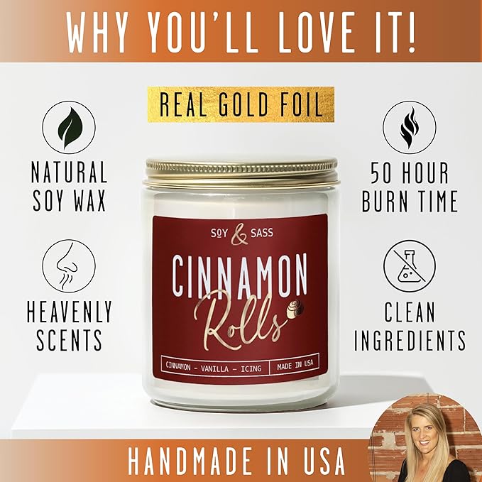 Cinnamon Candle, Fall Candles, Christmas Candles - 'Cinnamon Rolls' Autumn Scented Soy Candle for Home, 9oz Reusable Jar, 50Hr Burn, Made in USA
