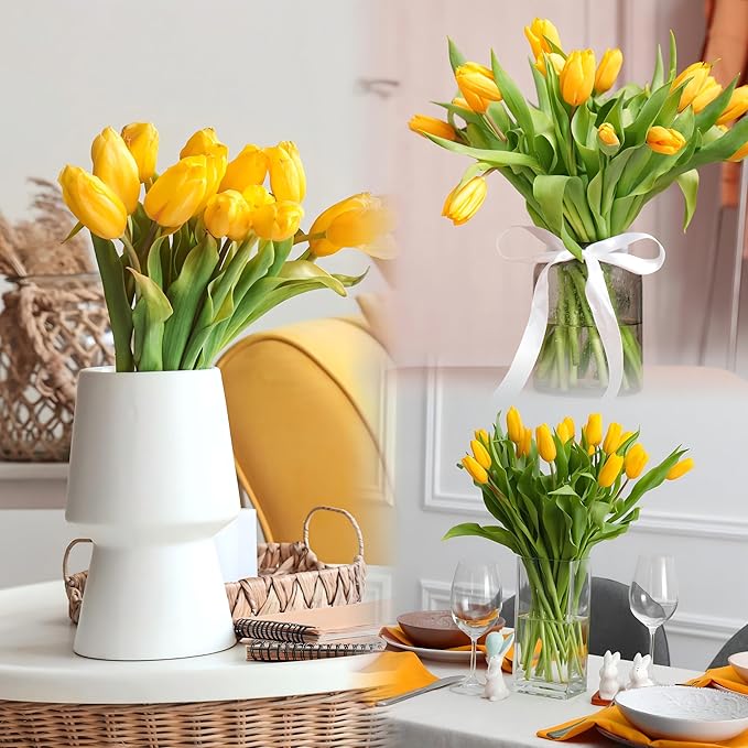 Sggvecsy 30 Pcs Fake Tulips Artificial Flowers Real Touch PU Faux Flowers Tulip Stems for Wedding Spring Bouquet Floral Arrangement Home Party Office Decorations for Mother's Day (Dark Yellow)