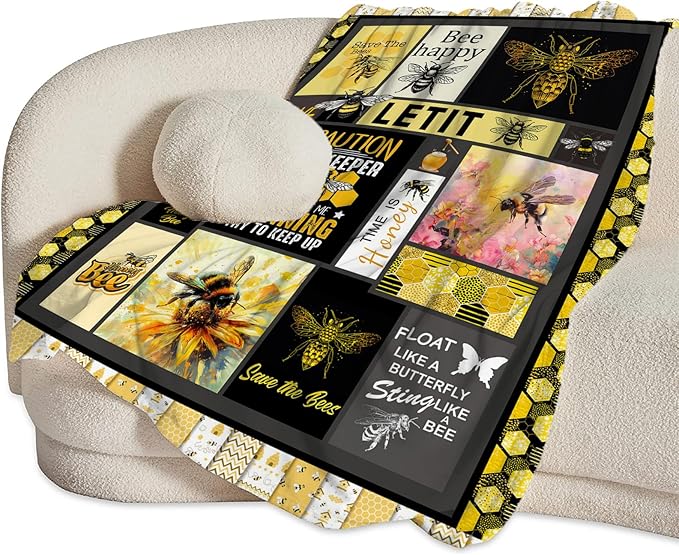 Bee Blanket Honey Bees Throw Blankets Plush Cozy Flannel Fleece Ultra Soft Fuzzy Party Blanket Gifts for Girls Women Men Boys Kids Bed 80"X60"