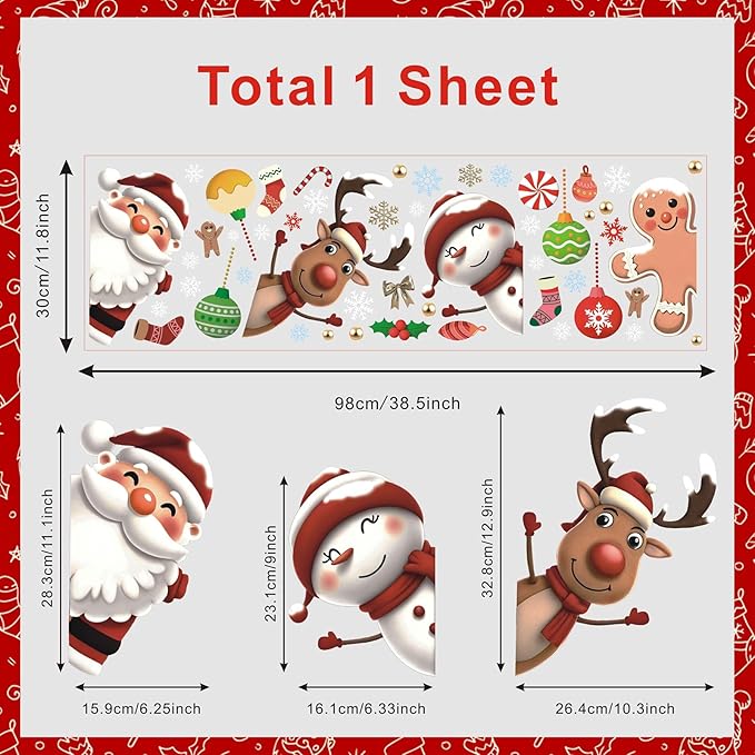 Christmas Window Clings,Winter Snowflake Window Clings,Christmas Decals Clings For Glass,Xmas Reindeer Wall Stickers,Xmas Santa Claus Snowman Gingerbread Wall Decals For Home Room Office School