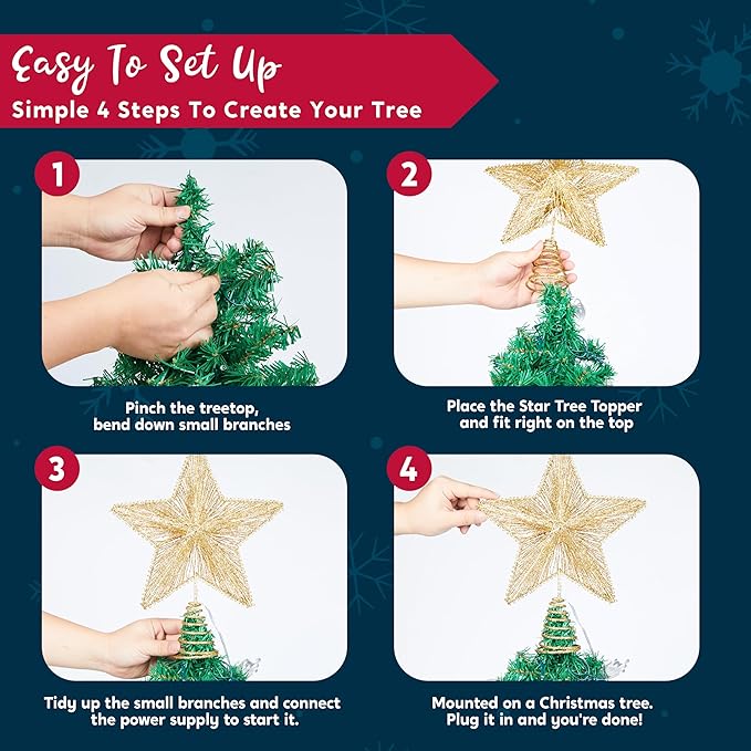 Joiedomi 9.5" Golden Christmas Star Tree Topper Radial Design, Metal Treetop Decorations with 20 LED Warm White, USB Powered Remote Control for Home Holiday Xmas Party Indoor Decor