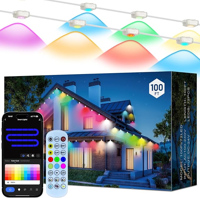 Permanent Outdoor Lights, Outdoor Christmas Lights, DIY RGB+IC Smart Eave Light with App Control, Support Alexa and Google Assistant, IP67 Waterproof, Outdoors Light for Christmas Decorations, 100FT