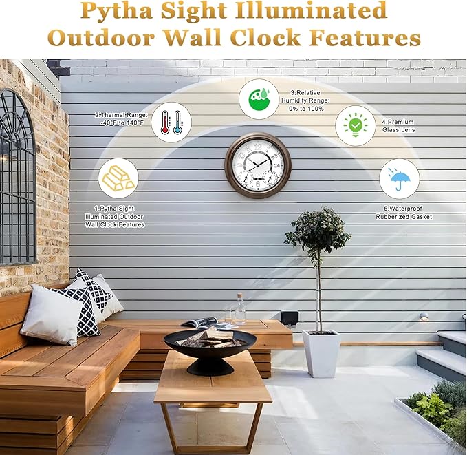 Illuminated Large Metal Outdoor Clocks Waterproof 18 Inches With AI Auto Light Smart Sensor,Extra Big Indoor Outdoor Wall Clocks With Thermometer & Hygrometer for Patio, Pool, Garden,Porch