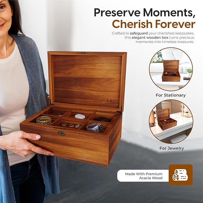 LUSH & STYLE Acacia Wooden Box, Keepsake With Hinged lid and locking key, Decorative, Memory, Wooden Storage Boxes, Customizable Design With Adjustable Tray,keepsake trunk(Divider Model) Large