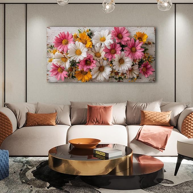 KZKU Rustic Daisy Canvas Wall Art-Large Floral Print on Weathered Blue Wood Background- Modern Farmhouse Decor for Living Room Bedroom20X40in