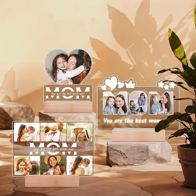 Personalized Gifts for Mom from Daughter Son, Custom Picture Frames with Photos, Customized Photo Frame with Night Light, Personalized Christmas Birthday Gifts for Mom Baby Kids Family