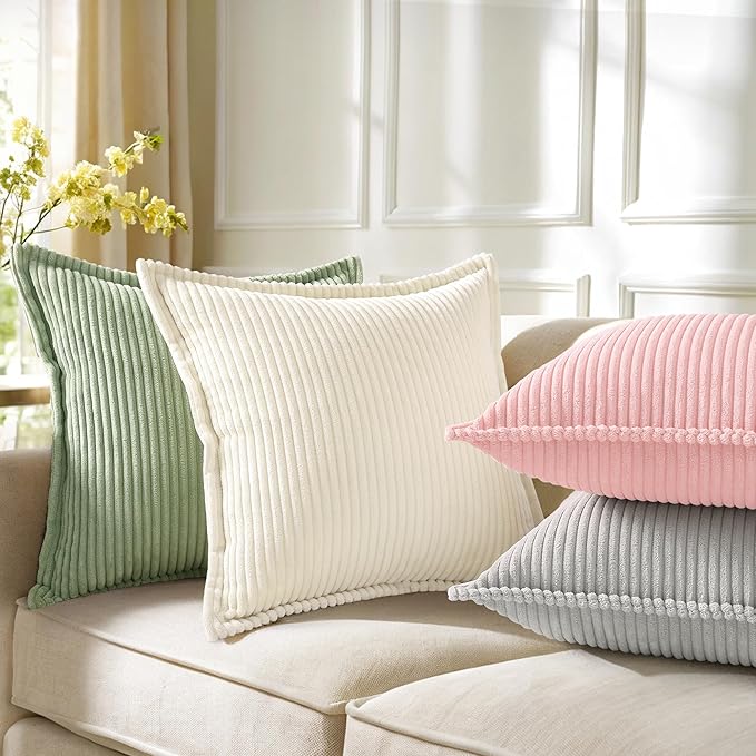 decorUhome Corduroy Pink Throw Pillow Covers 16x16 Set of 2 Decorative Soft Boho Farmhouse Euro Couch Pillow Covers for Living Room Bed Sofa Broadside Striped Pillow Cases