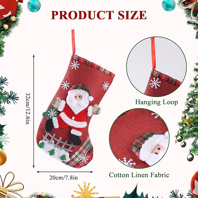 Christmas Stockings Personalized 4 Pack - Customized Small Xmas Stockings Bulk with Reindeer, Santa Claus, Snowman, Bear for Christmas Home Decorations, Set of 4
