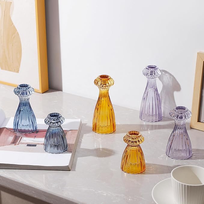 Lysenn Glass Candle Stick Holder Set of 6 – Premium Taper Candle Holders for Romantic Ambiance - Candle Sticks Holder Decor for Special Occasions - Dark Blue