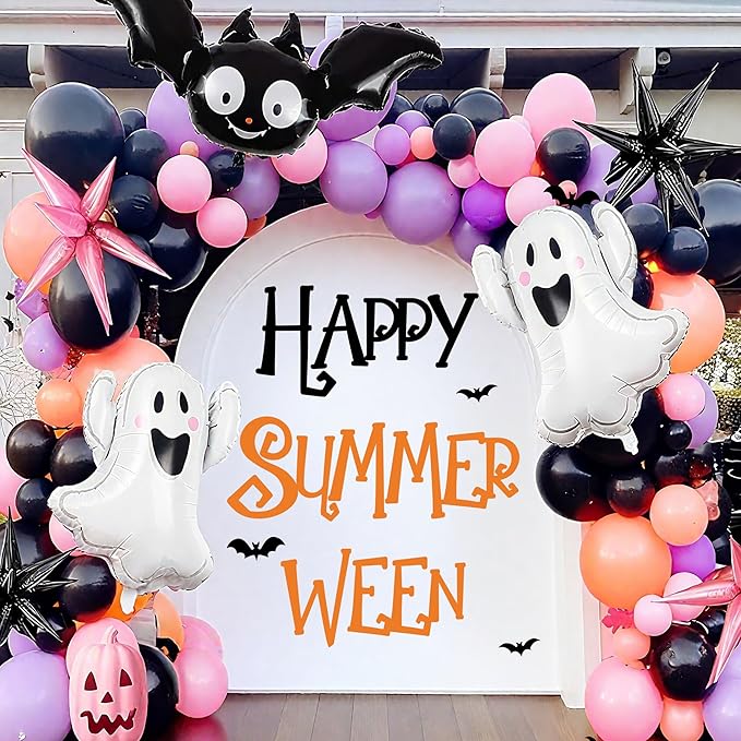 Happy Halloween Party Sign Decals for Backdrop Summerween Party Decorations Decal Halloween Wall Decor Vinyl Sticker Summer Halloweens Bats Vinyl Letters Signs Birthday Bachelorette Banner Supplies