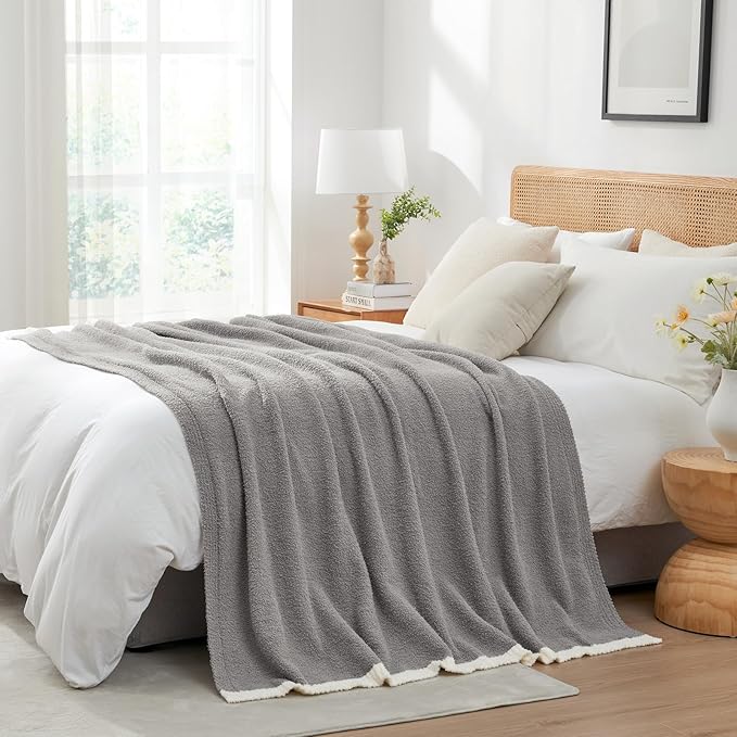 Snuggle Sac Grey Bedding Blankets Queen Size 90x90 inches, Reversible Microfiber Fluffy Fuzzy Soft Throw Cozy Knit Blanket for Women Mothers Birthday Gifts