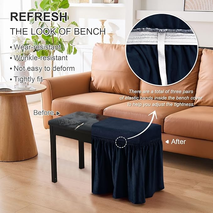 NICEEC Spandex Stretch Piano Bench Cover with Skirt Removable Ottoman Cover Rectangular Washable Stool Slipcover for Duet Piano Bench Seat Cushion Protector(NavyBlue)