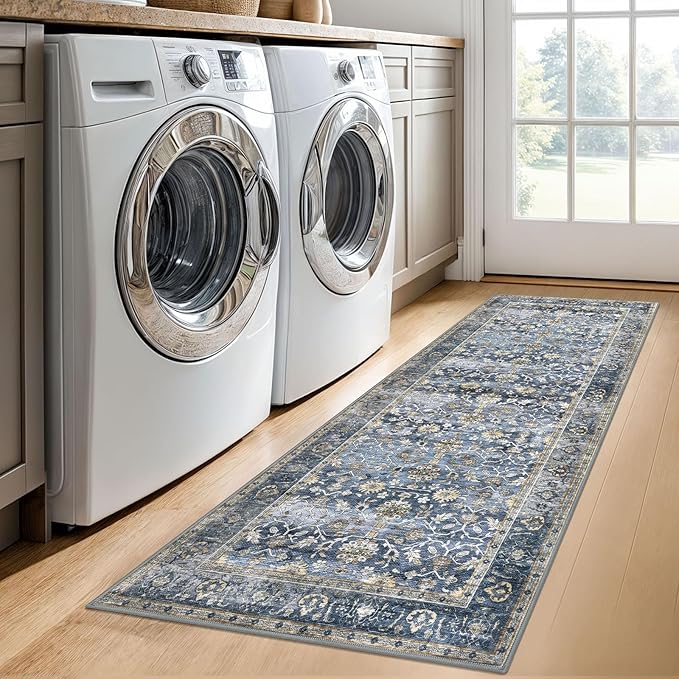 KUTA Vintage Washable Runner Rug, 2x6 Blue Grey Beige Runners for Hallways Non-Slip Kitchen Rugs Ultra Thin Soft Printed Oriental Floral Floor Carpet for Laundry Bedroom Living Room Nursery