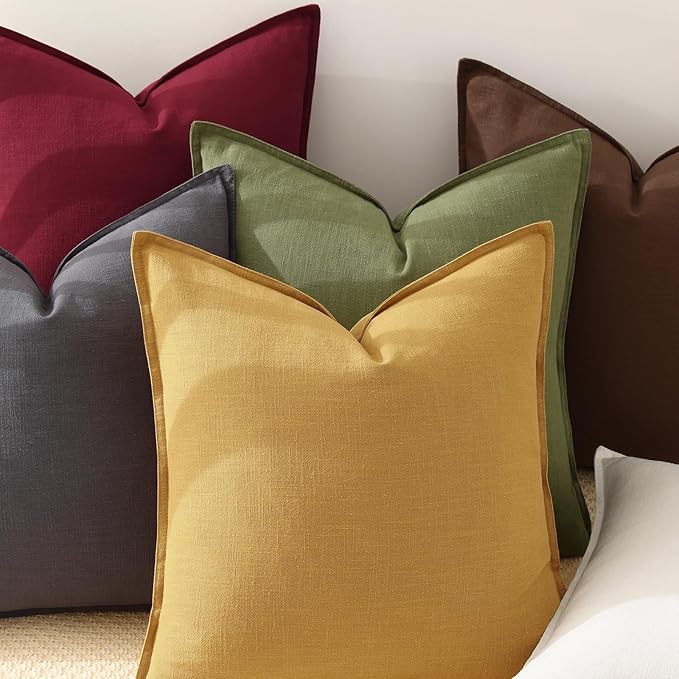 decorUhome Christmas Decorative Linen Throw Pillow Covers 24x24 Inch Set of 2 Olive Green Soft Pillow Covers with Flange Edges Soft Farmhouse Boho Accent Pillow Cases for Couch Sofa Bed Living Room