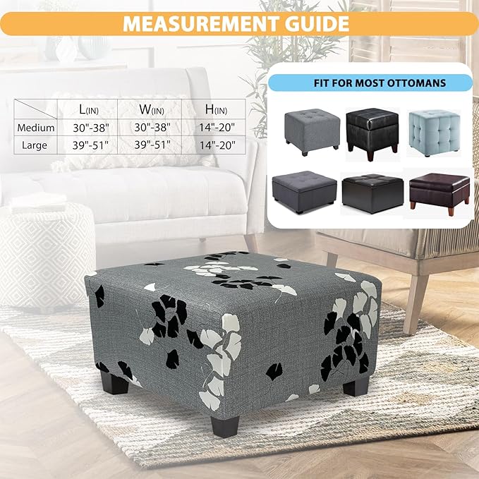 Ottoman Cover Square Slipcovers Printed,Stretch Footrest Stool Cover for Ottoman Square,Soft Foot Stool Cover Protector with Nonslip Elastic Bottom (Medium,Ginkgo Leaves)