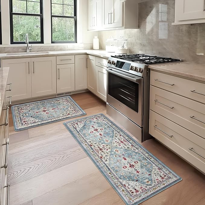 Collive Boho Kitchen Rugs and Mats 2PCS Cushioned Anti-Fatigue Floor Mat, Waterproof Kitchen Rug Set of 2 Non-Skid Comfort Standing Mat for Kitchen,Home,Office,Sink,Laundry,17"x30"+17"x59"